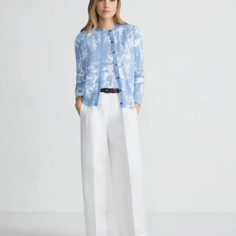 Lafayette 148 New York Light Blue and White Patterned Cardigan